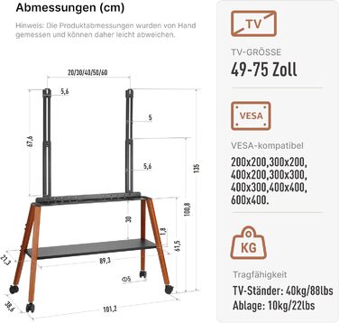 Підставка для телевізора ECOTINY на колесах для 49-75 дюймів, до 40 кг, Easel Design, металева конструкція та полиця з дерева, чорна