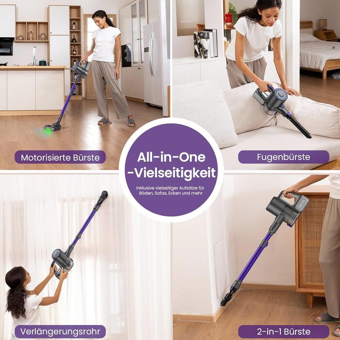 Акумуляторний пилосос Suirviz бездротовий, 40000Pa/500W, 45 хв роботи, самостійна парковка, легкий, для твердих поверхонь, килимів, шерсті тварин, фіолетовий