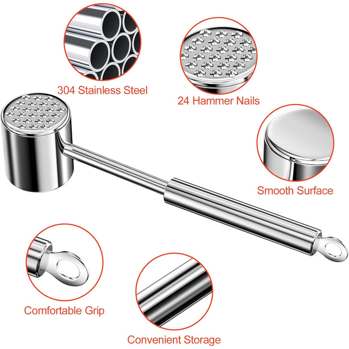 Металевий молоток для відбивання м'яса з нержавіючої сталі 304, 27 см, для відбивання шніцелів, стейків, яловичини, молоток для м'яса, двосторонній, срібний, для миття в посудомийній машині
