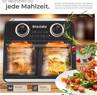 Фритюрниця електрична Tectake з двома камерами XXL 8л, 2400 Вт, з рецептами - аерофритюрниця без олії