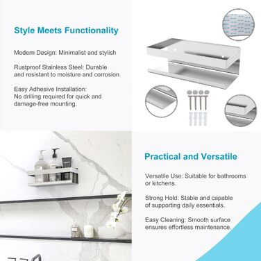 INTIRILIFE Self-Adhesive Shower Shelf in Silver - 23 x 10.5 x 8 cm - Shower Shelf No Drilling, Shampoo Holder Shower Basket Wall Mounting Bathroom Accessories Basket - Rustproof, Stainless Steel Shelf for Bathroom and Kitchen