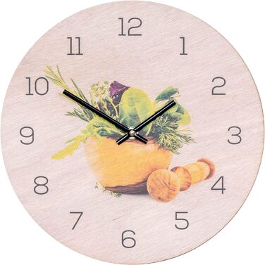 Levandeo Wall Clock, 30x30cm, Clock as Image, Kitchen, Herbs, Spices, Cooking, Decoration (Wood, Round)