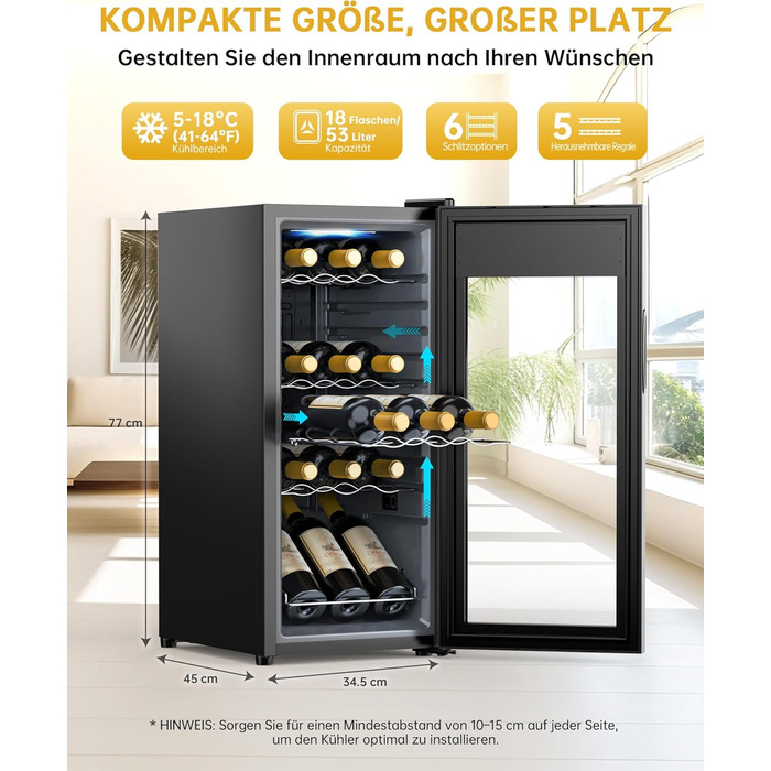 WIE 33L 1-Zone Wine Cooler Fridge - Compact Wine Refrigerator with Glass Door, LED Touch Panel, Anti-UV Protection (18 Bottles)