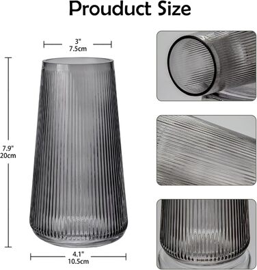 Скляна ваза Dekovase з жолобками - сучасний дизайн для дому та декору, 20 см, темно-сірий