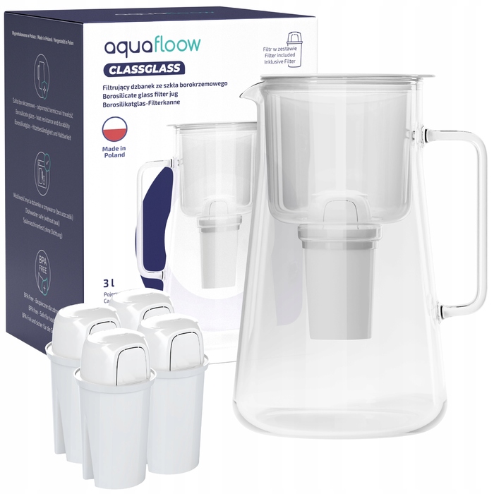 Скляний фільтр-кувшин AquaFloow ClassGlass White + 5 змінних фільтрів Class