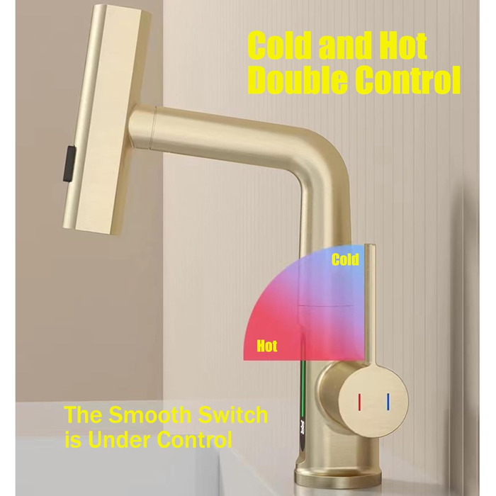 Кухонний змішувач з витяжною лійкою, 3 режими, LED-індикатор температури, поворотний на 360°, для кухні, золотий