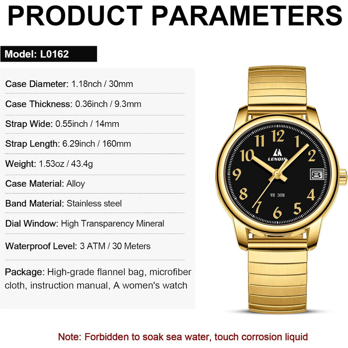 Жіночий годинник LN LENQIN: Водонепроникні годинники для жінок з нержавіючої сталі, кварцовий механізм, регульований ремінець (Золотий/Чорний)