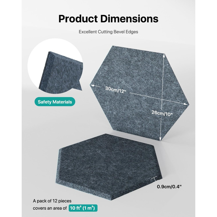 Акустичні гексагональні панелі Soundsbay, звукопоглинаючі стінові плити з пінопласту високої щільності для офісу та студії, темно-сірі, 30.5 x 25.4 x 1 см, 18 шт.