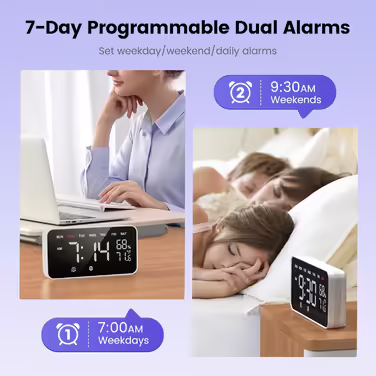 Dekala LED Digital Alarm Clock with Dual Alarms, Temperature & Humidity Sensor, Nightstand Function with Snooze, 12/24h Format, Large Automatically Dimming Display and Digitally Powered Clock