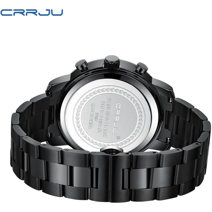 Чоловічий годинник CRRJU з хронографом, сталевий браслет, водонепроникний, чорний, з датою, кварцовий, аналоговий, бізнес-стиль