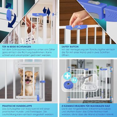 Захисне ворота KIDIZ для дітей з люком для котів, без свердління | Захист від падіння, поворотне, біле | Ширина: 102-115 см, блакитне