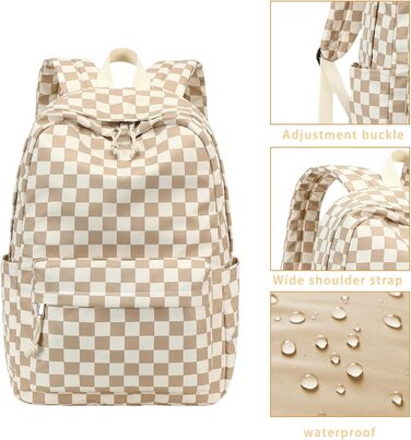 Шкільний рюкзак LOIDOU для дівчаток та хлопчиків підліткового віку: легкий, водонепроникний, для школи, коледжу та роботи. Колір: коричнево-білий у клітинку