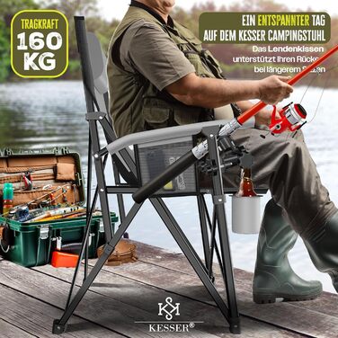 Кресlo для кемпінгу KESSER® з високою спинкою, 160 кг | Стільчик для риболовлі, з підлокітниками, кишенькою для напоїв та світлом | Сірий/Чорний