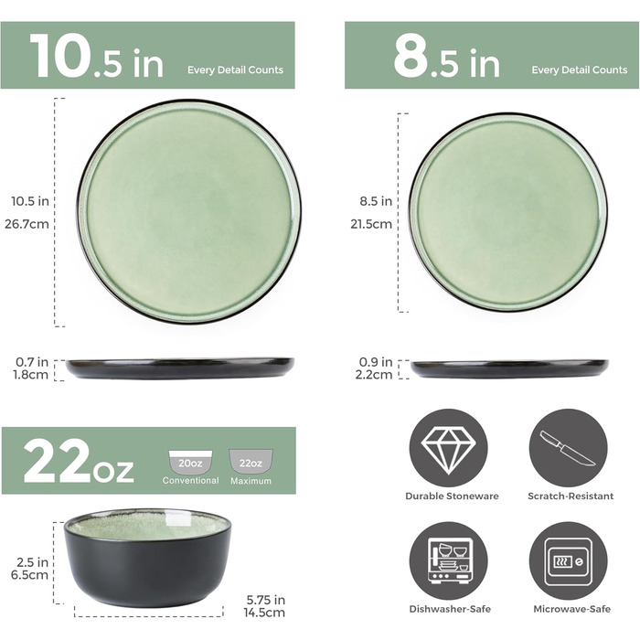 Набір посуду AmorArc з кераміки на 4 особи: тарілки та миски, реактивна глазур, міцний, для миття в посудомийній машині та використання в мікрохвильовці, комплект на 8 осіб (24 елементи) (Сервіз на 4, матовий чорний, оливковий)