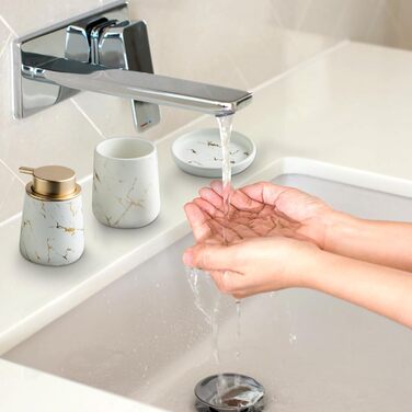 Набір аксесуарів для ванної кімнати Marmor: 3 предмети з кераміки (мильниця, дозатор мила, стакан, тримач для зубних щіток) - Матовий білий, Золотий