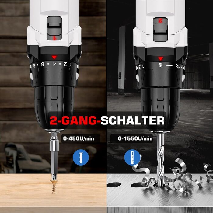 Акумуляторний шуруповерт Sundpey Set: 2 акумулятори 2.0Ah, 21V, 1500 об/хв, 45Nm, 18+1 режим, LED, 10мм патрон - для ремонту та DIY