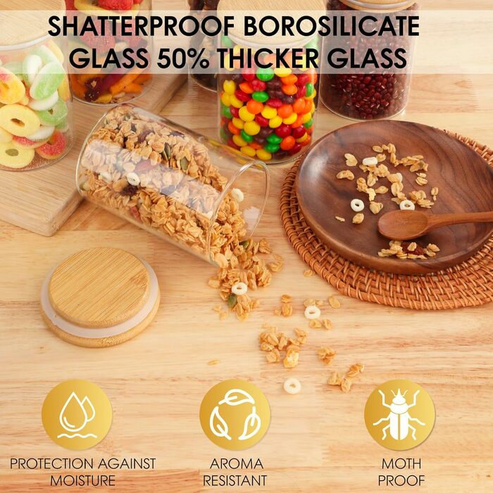 Набір скляних банок для зберігання з кришками (12 шт.) - 4x400мл, 7x500мл, 7x700мл. Скляні контейнери для кухні з дерев'яними кришками.