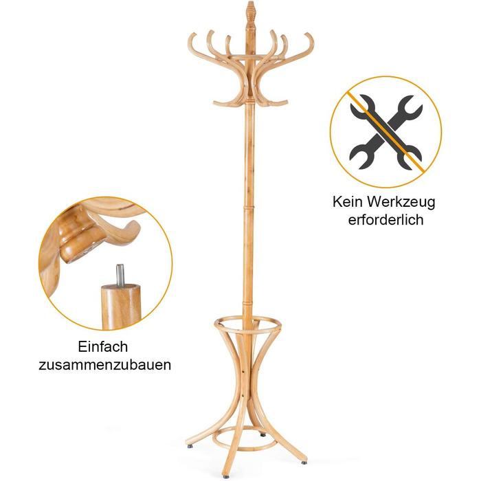 GIANTEX Coat Rack with Umbrella Stand, Clothes Rack Wood with 12 Clothes Hooks, Wooden Coat Tree Freestanding, Standing Coat Rack for Entryway Living Room (white) (natural)
