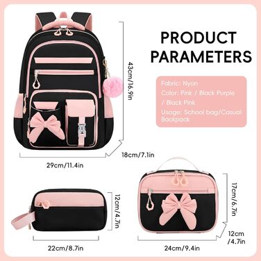 Шкільний рюкзак для дівчинки 3 в 1: рюкзак, ланч-бокс, пенал. Kawaii дизайн, 3-7 клас, антикрадійний, 24L (рожево-чорний)