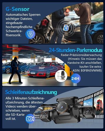 Відеореєстратор HUPEJOS KI Dashcam Auto 4-х канальний з монітором водія, 3K + 3 * 1080P, 360° камера, WiFi, GPS, CPL, 128GB, 24H парковка (V8Pro)