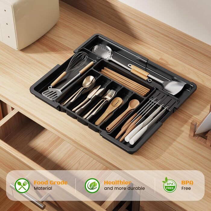 Органайзер для столових приборів в шухляду, пластиковий лоток для кухні з 2 знімними блоками для ножів (6-9 відділень), регульований, 33-53 см