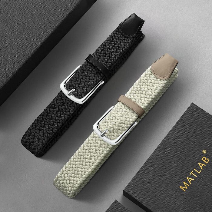 Набір з 2 еластичних плетених ременів для жінок та чоловіків – регульовані та розтяжні ремінні ремені, 3,3 см, довжина 100–120 см (Чорний + Бежевий, довжина 110 см)