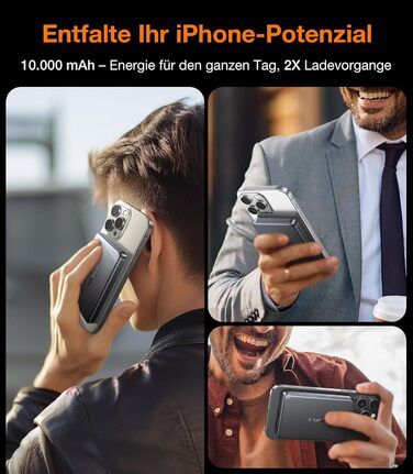 Портативний зарядний пристрій TORRAS MiniMag Qi2 з MagSafe, 10000mAh, сертифікований Qi2, магнітний, з кабелем USB-C 30W, бездротовий зарядний пристрій 15W для iPhone 17 Pro Max/Air/12-16, AirPods, сірий, титан