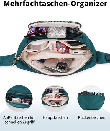 Сумка на пояс для жінок та чоловіків, стильна, з 4 кишенями на блискавці та регульованим ремінцем, ідеальна для подорожей та піших прогулянок (Patent Pending), колір: бірюзовий