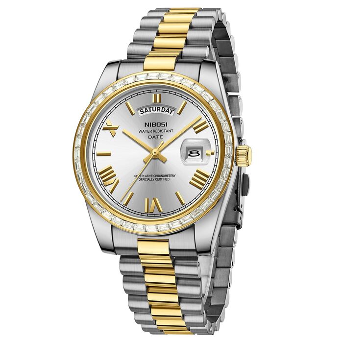 Годинник NIBOSI для чоловіків: аналоговий кварцовий годинник з діамантовою безелем, сталевим циферблатом, рожевим золотом та сріблом. Водонепроникний бізнес-годинник у стилі casual, класичний дизайн з датою та днем тижня (Золотий, Білий)