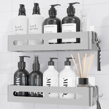 Настінна поличка для душу Kitsure без свердління - 2 шт., велика місткість, нержавіюча сталь, срібна (33.5 x 12.0 x 5.5 см)