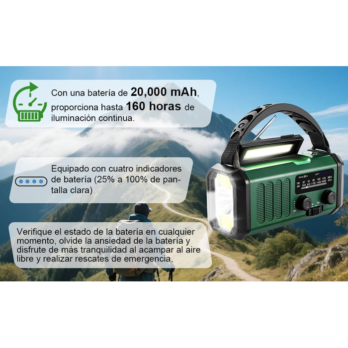 Радіостанція на сонячній енергії з живленням від ручки 20000 mAh з SOS-сигналом, FM/AM, ліхтарик, компас, для кемпінгу та надзвичайних ситуацій (зелене)