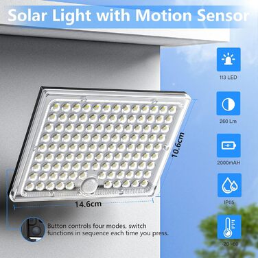 Solar Lights for Outdoors, Solar Light with Motion Sensor, 113 LED Solar Spotlight IP65 Waterproof Solar Split Wall Light with 5m Cable for Garage, Garden, Yard, Steps, Doorways, Lawn - 2 Pack