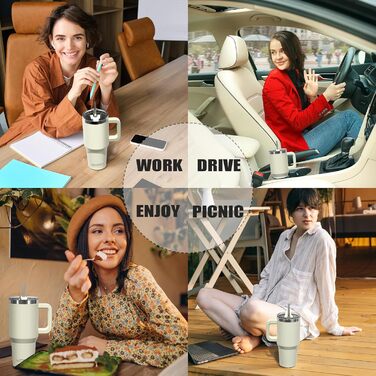 Термокружка для кави та напоїв WATERSY 40oz (591 мл) з нержавіючої сталі, подвійні стінки, без витоку, з ручкою та трубочкою, бежевий