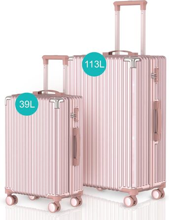 Набір валіз Voyagoux 2 шт. - 39L та 113L, жорсткі валізи, TSA-замок, ABS пластик, 4 колеса 360°, міцні та легкі, рожеве золото