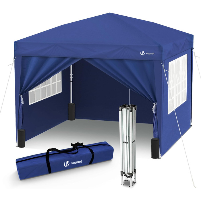 VOUNOT® Pavilion 3x3m with 4 Side Walls & 4 Sandbags, Pop-Up Folding Pavilion, Foldable Garden Tent Party Tent, including Bag, Grey (Blue+4 Side Walls)