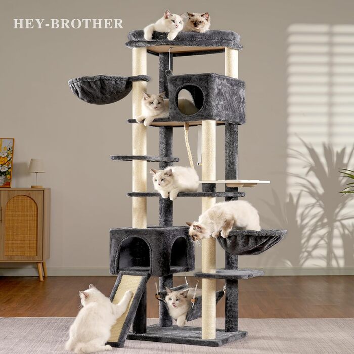 Багатоярусний котячий комплекс Hey-brother Kratzbaum 180 см з печерами, гніздами, гамаком, мискою та сизалевим покриттям, сірий EMPJ036G
