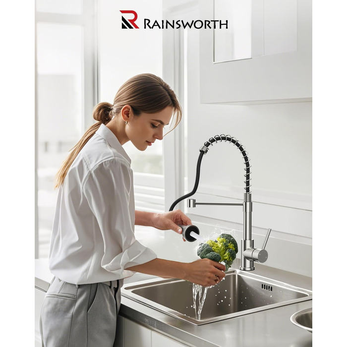 Кухонний змішувач Rainsworth з нержавіючої сталі з двома режимами струменя та висувною лійкою, 360° обертання, висота 45 см
