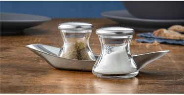 WMF Wagenfeld Shaker Set, 3-piece, Max and Moritz, shaker with plate, salt shaker, pepper shaker, glass, brushed Cromargan stainless steel, dishwasher safe