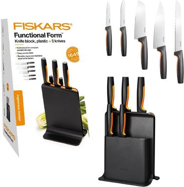 Набір ножів Fiskars Functional Form: блок з 5 ножами (овочевий, для томатів, Santoku, кухонний, для хліба), пластик, чорний