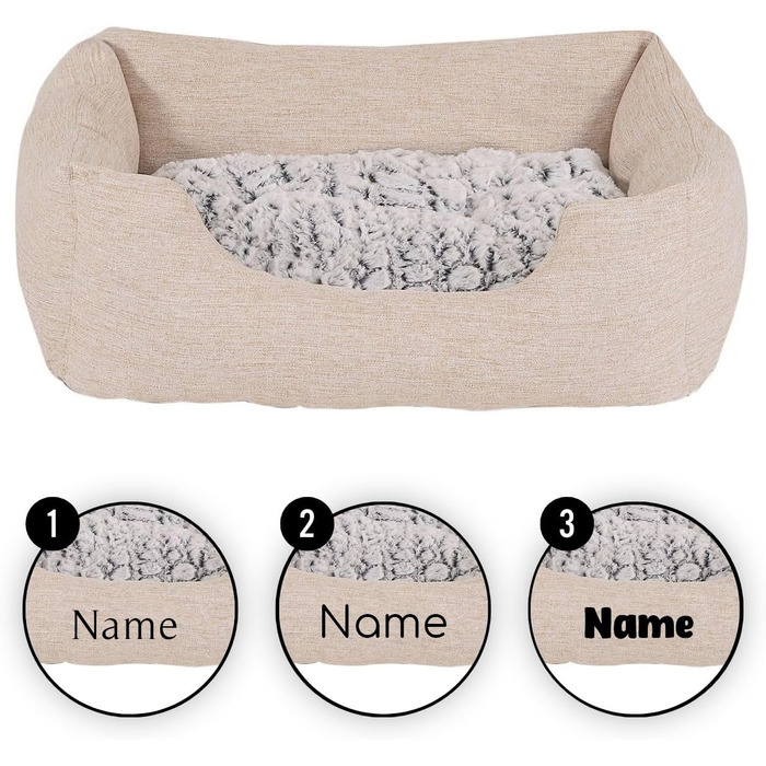Lionto Dog Basket with Fluffy Reversible Cushion, Cozy Pet Bed in Heathered Design with Deep Entry for Dogs & Cats of All Sizes, 80x60 cm, Soft Dog Bed, (Beige, L 110 x W 80 x H 28 cm (with name tag))
