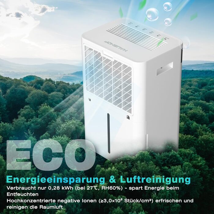 Електричний осушувач повітря HAUSHOF 20л/день, 41дБ, з іонізацією, для приміщень до 30м², 4.5л бак, LED дисплей, 3 режими, портативний