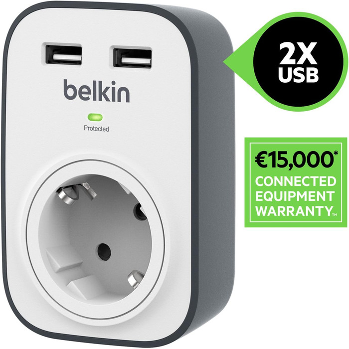 Мережевий фільтр Belkin з USB, 8 розеток + 2 USB, 2.4A, 2м, для дому та офісу