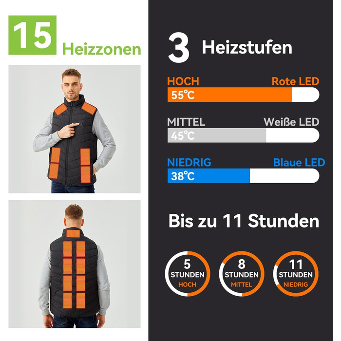 Обогревна жилетка для чоловіків та жінок з акумулятором 20000mAh, 15 зон обігріву, 3 режими температури, до 11 годин тепла, для полювання, піших прогулянок, гольфу, катання на лижах, XL
