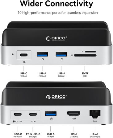 ORICO MiniDock: Док-станція та підставка для Mac mini M4/M4 Pro з корпусом для NVMe SSD, USB-C хаб з 4K HDMI та DisplayPort, SD/TF 3.0, USB-C/A 10Gbps, PD 100W - VS10 (10-в-1, 4TB)