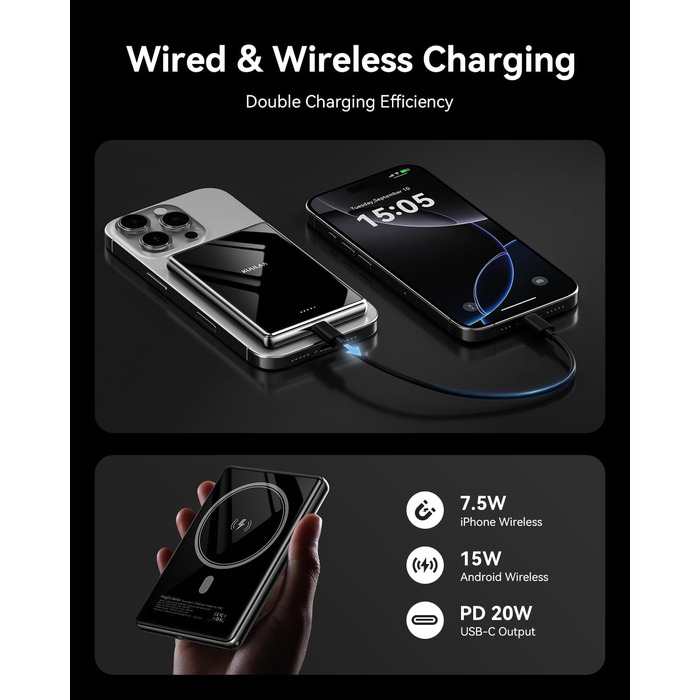 Power Bank Magsafe 5000mAh/10000mAh (Сірий/Чорний) - Бездротова зарядка, PD 20W, USB-C, Тонкий, для iPhone 16/15/14