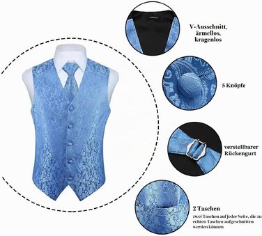 Чоловічий костюмний жилет HISDERN світло-блакитний з візерунком Пейслі (Jacquard) — набір з краваткою та хустинкою для весіль та офіційних заходів, розмір XL