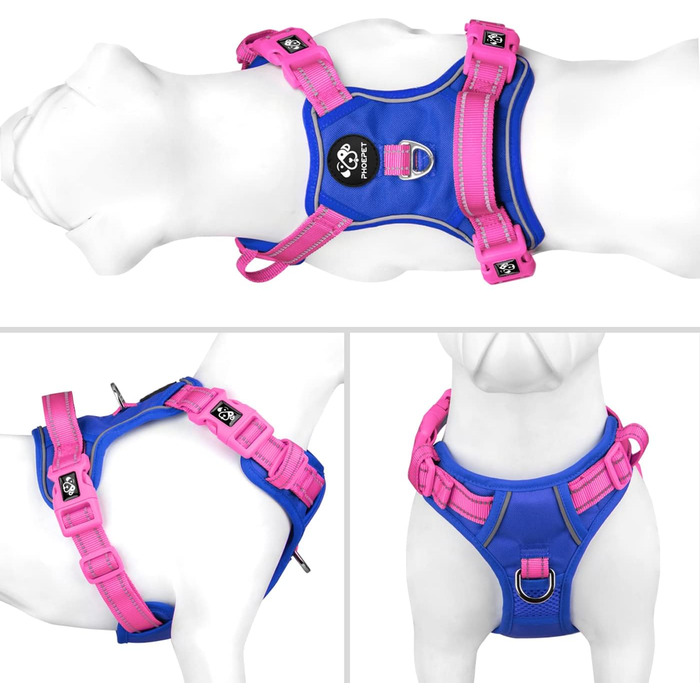 Нагрудник для собак PHOEPET без обмеження руху, світловідбиваючий, регульований, з ручкою для тренувань + 2 гачки для повідка + 3 застібки-клипси + 4 ковзні пряжки (M, Ко́ролівський синій та рожевий, L)