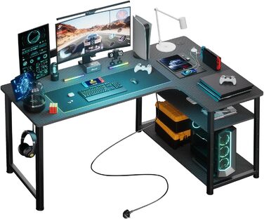 Стіл ігровий COMHOMA L-подібний з полицею, USB-зарядкою та розеткою, 120 см, для офісу та дому, чорний