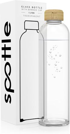 spottle Glass Water Bottle 1L - Glass Bottle in 500ml - 750ml or 1 Liter - Glass Water Bottle suitable for carbonated drinks – Dishwasher-safe & leak-proof glass drinking bottle (1000 ml, Transparent / Bamboo lid)