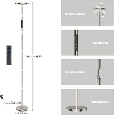 Світлодіодна підлогова лампа Anten Klara з лампою для читання | Матова | 30W, з регулюванням яскравості та пультом дистанційного керування | 3 кольори світла | Регулювання яскравості | Підлогова лампа для вітальні, офісу